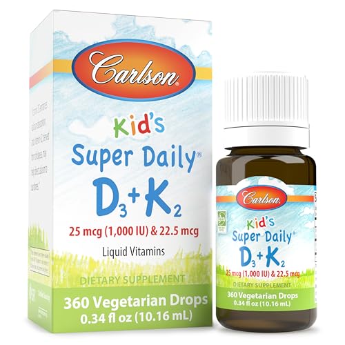 Carlson - Kid's Super Daily D3+K2, 25 mcg (1,000 IU) D3 & 22.5 mcg K2, Vitamin D Drops with Vitamin K2, Liquid Vitamins, 1000 IU Vitamin D3, Heart & Bone Health, 1-Year Supply, Unflavored, 360 Drops