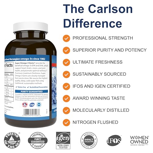 Carlson - Super Omega-3 Gems, 1200 mg Omega-3 Fatty Acids with EPA and DHA, Wild-Caught Norwegian Fish Oil Supplement, Sustainably Sourced Capsules 300 Softgels