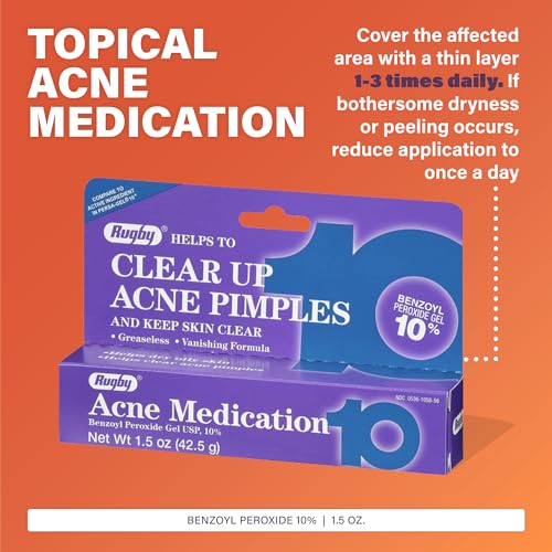 Rugby Acne Medication Benzoyl Peroxide Gel USP, 10% - Clear Up Acne Pimples - Greaseless, Vanishing Formula - 1.5 Oz (42.5g) - 3 Pack