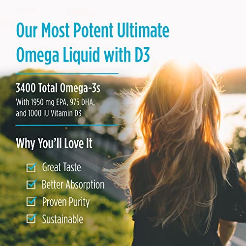 Nordic Naturals Ultimate Omega Xtra Liquid, Lemon Flavor - 8 oz - 3400 mg Omega-3 + 1000 IU Vitamin D3 - EPA & DHA - Brain, Heart, Joint, & Immune Health - Non-GMO - 48 Servings