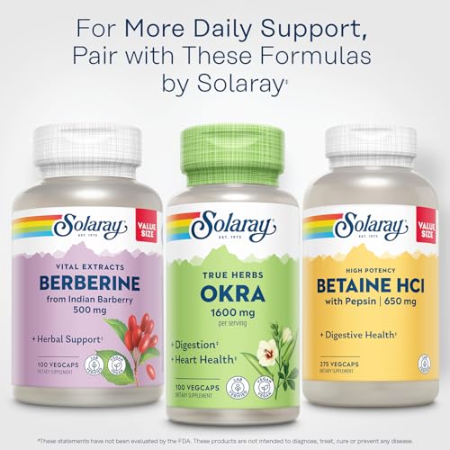 SOLARAY Okra Fruit 1600 mg - High Fiber Supplement for Wellness Support - Rich Source of Soluble Fiber - Equivalent of 6.4 g Fresh Okra per Serving, Vegan, 60-Day Guarantee - 25 Servings, 100 VegCaps