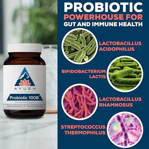 Ayush Herbs Probiotic 100B - Probiotics for Women, Probiotics for Men, Prebiotics and Probiotics for Digestive Health, Gas Relief, Gut Microbiome Balance - 60 Vegetarian Capsules (1 Count)