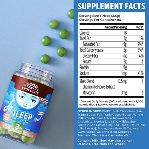 Good Day Chocolate Melatonin for Adults [ 80 Count ] - Fair Trade Non-GMO Chocolate with Chamomile and Melatonin 3 mg - Adult Melatonin, Adult Natural Sleep Aid Supplement
