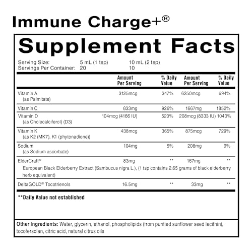 Quicksilver Scientific Immune Charge+ - Elderberry with 10,000 IU Vitamin D3, 25,000 Vitamin A, C, E, K1 & K2 for Immune Health & Lung Support (100ml)