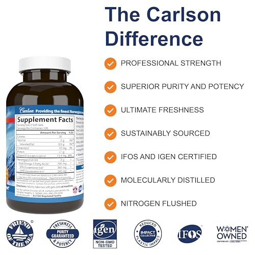 Carlson - The Very Finest Fish Oil, 700 mg Omega-3s, Norwegian, Wild-Caught Fish Oil, Sustainably Sourced Fish Oil Capsules, Orange, 240 Softgels