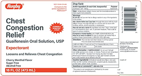 Rugby Chest Congestion Relief Guaifenesin 100 mg Expectorant Cherry Menthol Flavored Cough Syrup