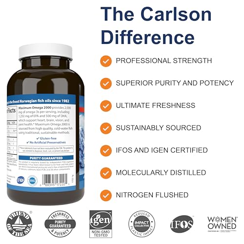Carlson - Maximum Omega 2000, 2000 mg Omega-3 Fatty Acids Including EPA and DHA, Wild-Caught, Norwegian Fish Oil Supplement, Sustainably Sourced Fish Oil Capsules, Lemon, 180 Softgels