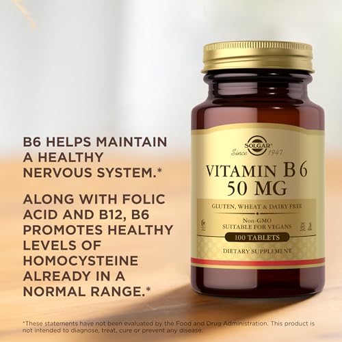 SOLGAR Vitamin B6 50 mg - 100 Tablets - Non-GMO, Vegan, Gluten Free, Dairy Free, Kosher, Halal - 100 Servings