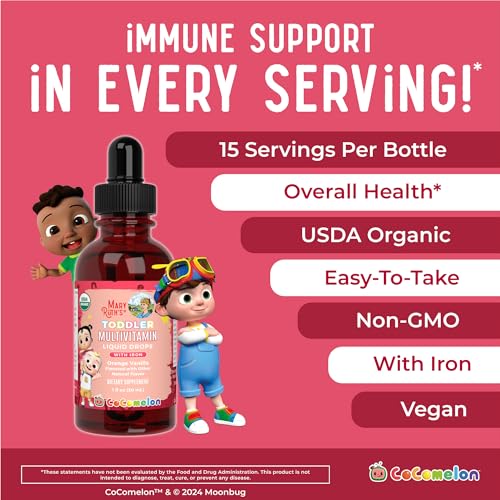 MaryRuth Organics CoComelon Toddler Kids Multivitamin with Iron | Immune Support | Toddler Vitamins | USDA Organic | Sugar Free | Multivitamin Liquid Drops for Kids Ages 1-3 | Vegan | 1 Fl Oz