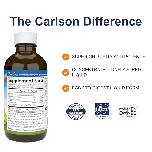 Carlson - B-6 Liquid, Vitamin B-6, Energy Production, Heart Health, Berry Lemonade Flavor, 120 mL (4 Fl Oz)
