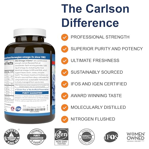Carlson - Elite Omega-3 Gems, 1600 mg Omega-3 Fatty Acids Including EPA and DHA, Norwegian, Wild-Caught Fish Oil Supplement, Sustainably Sourced Omega 3 Fish Oil Capsules, Lemon, 130 Softgels