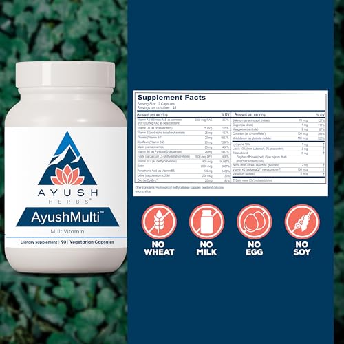 Ayush Herbs Ayush Multi - Multi Vitamin Capsules, Multivitamin with Iodine & Zinc for Men & Women, Daily Vitamin & Mineral Support for Adults - 90 Vegetarian Capsules (1 Count)