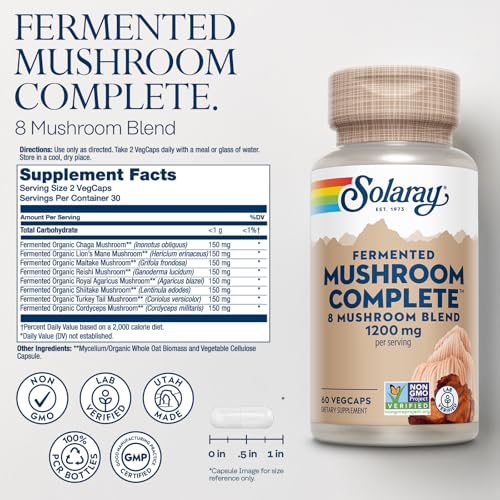SOLARAY Fermented Mushroom Complete - Organic Chaga, Reishi, Shiitake, Cordyceps, Turkey Tail Mushroom and Lions Mane Supplement Capsules - 8 Mushroom Supplement - Non-GMO, 30 Servings, 60 VegCaps