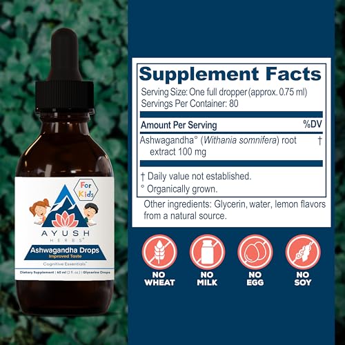 Ayush Herbs Ashwagandha Drops for Kids & Adults - Alcohol-Free Ashwagandha Drops, Calming Daily Supplement for Calm Focus with Organic Ashwagandha, Lemon Flavor - 2 Fl Oz (80 Servings)