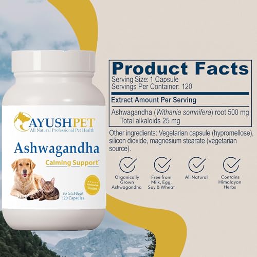 Ayush Pet Stress Support, Ashwagandha Calming Aid for Pets, Promotes Energy and Vitality, 120 Capsules
