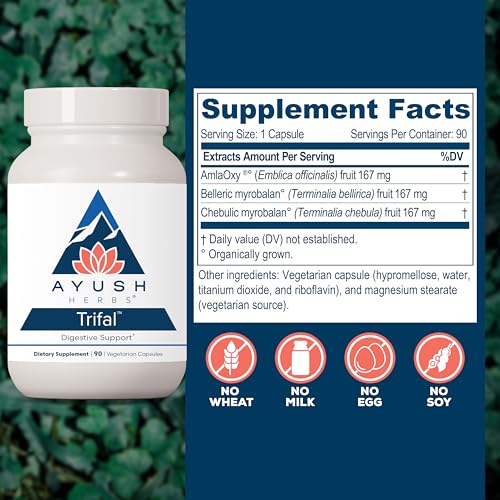 Ayush Herbs Trifal Digestive Support with Amla - Triphala Supplement for Women & Men, Promotes Balanced Digestion, Antioxidant Rich, Made with Organic Ingredients - 90 Vegetarian Capsules (1 Count)