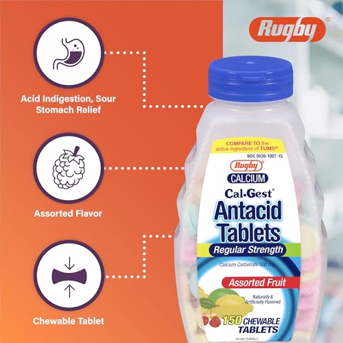 Rugby Calcium Cal-Gest Antacid Tablets - Regular Strength - Calcium Carbonate 500 mg - Assorted Fruit Flavor - 150 Chewable Count (1 Pack)