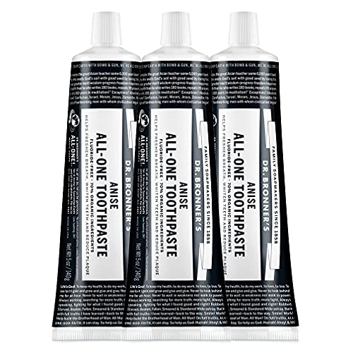 Dr. Bronners - All-One Toothpaste (Anise, 5 Ounce, 3-Pack) - 70% Organic Ingredients, Natural and Effective, Fluoride-Free, SLS-Free, Helps Freshen Breath, Reduce Plaque, Whiten Teeth, Vegan