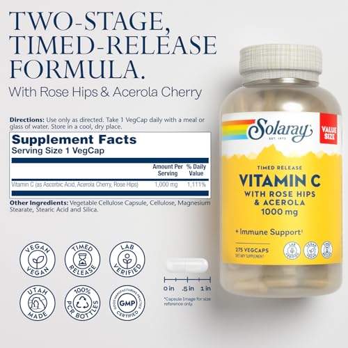 SOLARAY Vitamin C 1000 mg - High-Potency, All-Day Immunity, Blood Vessel Health and Collagen Synthesis Support - Vegan, Timed Release, 60-Day Guarantee - 275 Servings, 275 Vitamin C Capsules