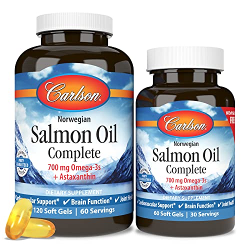 Carlson - Salmon Oil Complete, 700 mg Omega-3s + Astaxanthin, Norwegian, Heart, Brain & Joint Health, 120+60 Softgels