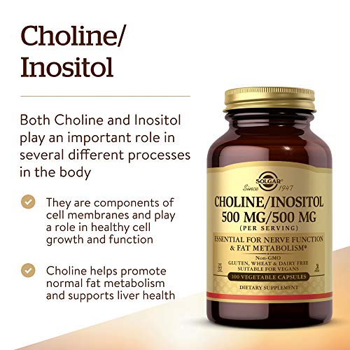 Solgar Choline/Inositol 500 mg/500 mg, 100 Vegetable Capsules - Energy Metabolism, Liver Health, Essential for Brain & Nerve Function - Non-GMO, Vegan, Gluten Free, Dairy Free, Kosher - 50 Servings