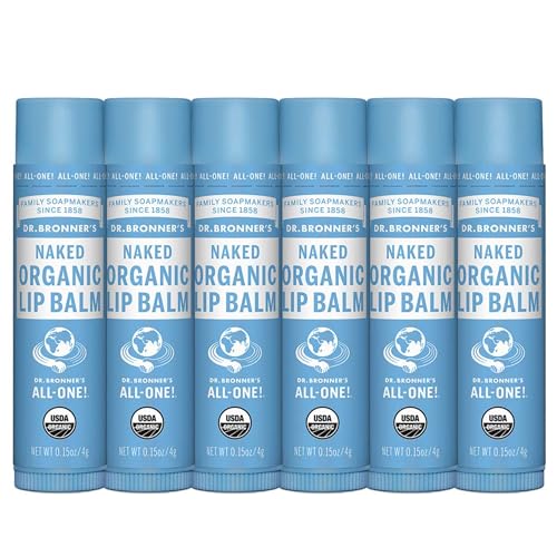Dr. Bronners Organic Lip Balm 6-Pack (.15oz) Natural, Moisturizing, Petroleum-Free Lip Moisturizer with Beeswax & Avocado Oil for Dry Lips, Men & Women - Unscented