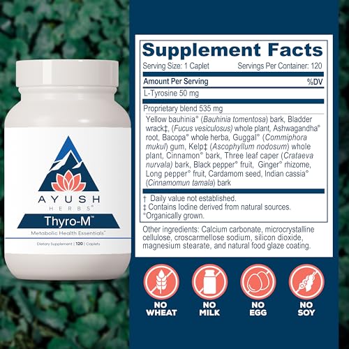 Ayush Herbs Thyro-M - Thyroid Support for Women & Men, Thyroid Health, Thyroid Care with L Tyrosine, Ashwagandha, Kelp, Natural Energy Support - 120 Vegetarian Capsules (1 Count)