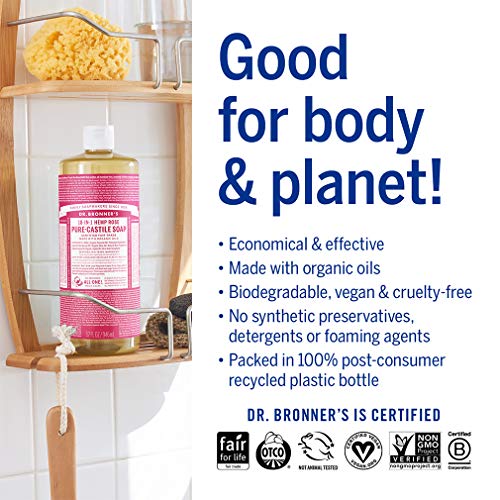 Dr. Bronners Pure-Castile Magic Liquid Soap Made with Organic Oils for Body, Face, Hair, Dishes, Pets, Laundry, Vegan, Dr. Bronner's Soap - Rose, 32 oz (2-Pack)