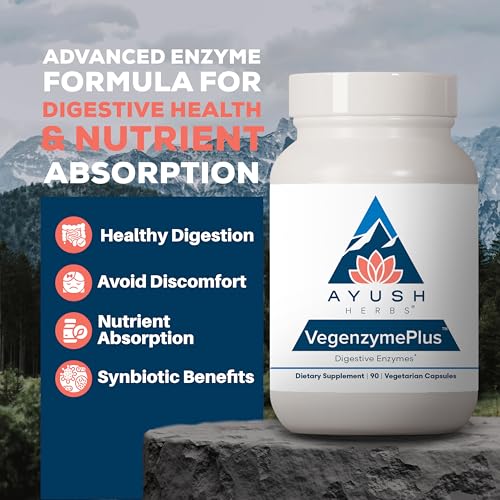 Ayush Herbs VegenzymePlus - Digestive Enzymes for Women & Men, Enzymes for Digestion with Bromelain, Lipase, Lactase, Protease, 100% Vegetarian Gut Health Supplement - 60 Capsules (1 Count)