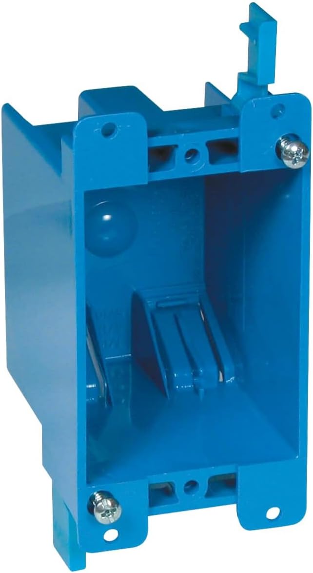 Carlon Single Gang Outlet Box 8 Cu In, Blue | PVC Material, UL E11461, L 4-1/8 X W 2-1/4 X D 2-3/4 Inches, Old Work, Mounting Ears and Swing Clamps