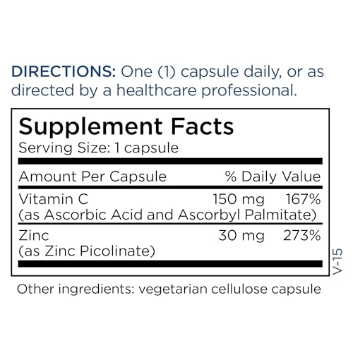 Metabolic Maintenance Zinc Picolinate 30 mg - Zinc Supplement for Men and Women with Vitamin C, Pure Mineral Support Complex for Immune Health, 30mg Per Capsule - 90 Capsules