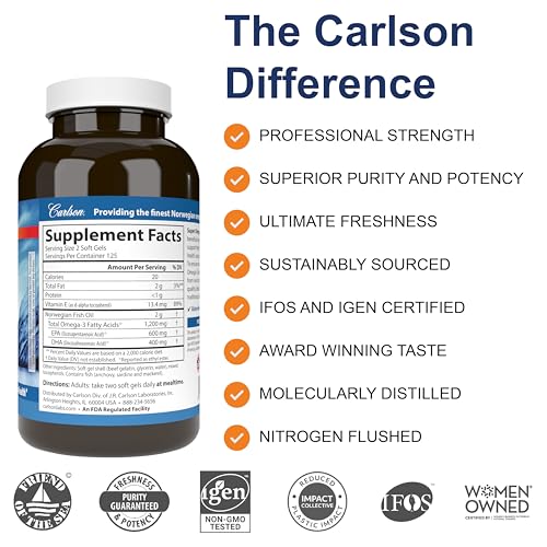 Carlson - Super Omega-3 Gems, 1200 mg Omega-3s, Wild Caught, Sustainably Sourced, 250 soft gels