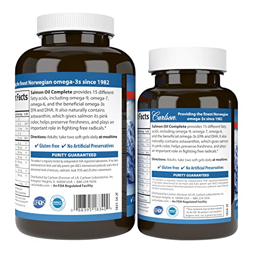 Carlson - Salmon Oil Complete, 700 mg Omega-3s + Astaxanthin, Norwegian, Heart, Brain & Joint Health, 120+60 Softgels
