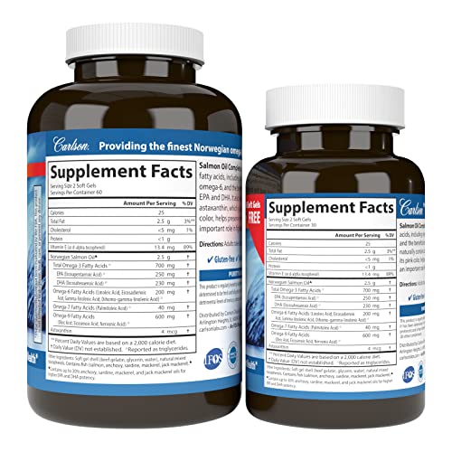 Carlson - Salmon Oil Complete, 700 mg Omega-3s + Astaxanthin, Norwegian, Heart, Brain & Joint Health, 120+60 Softgels