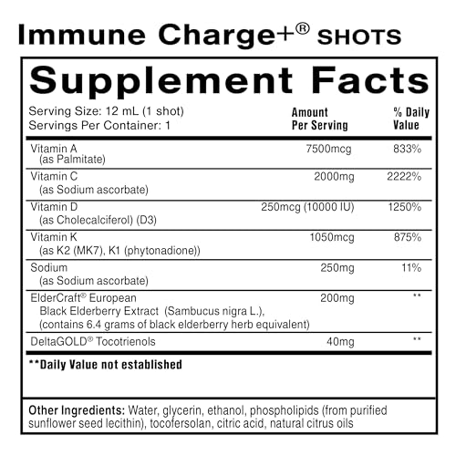 Quicksilver Scientific Immune Charge+ - Portable Wellness Shots with Elderberry, Vitamin C, E, K1, K2, 10,000 IU Vitamin D for Optimal Immune System Support (12 Single Serving Shots)