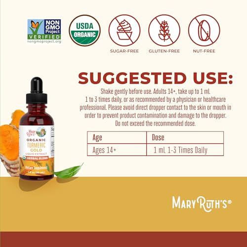 MaryRuth Organics USDA Turmeric Gold Liquid Drops | Herbal Blend | Turmeric Curcumin | Black Pepper | Cassia Cinnamon Bark | Ginger Root | Immune Support | Non-GMO Project Verified | Vegan | 1oz
