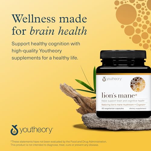 Youtheory Lion's Mane Plus - Mushroom Supplement with Cognizin - Offers Focus & Brain Support* - 60 Vegetarian Capsules