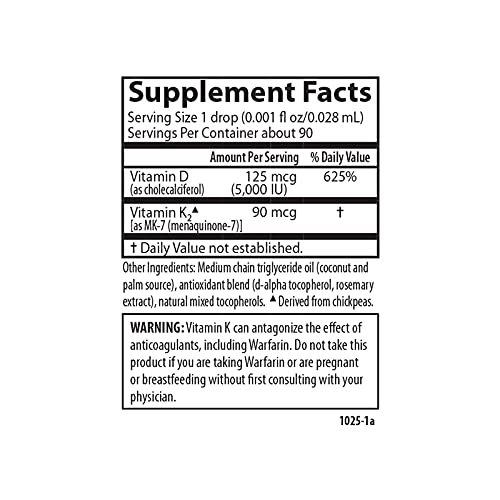 Carlson - Super Daily D3 + K2, 125 mcg (5000 IU) Vitamin D3, 90 mcg Vitamin K2 as MK-7, Bone Support, 90 Liquid Drops (2.54 mL)