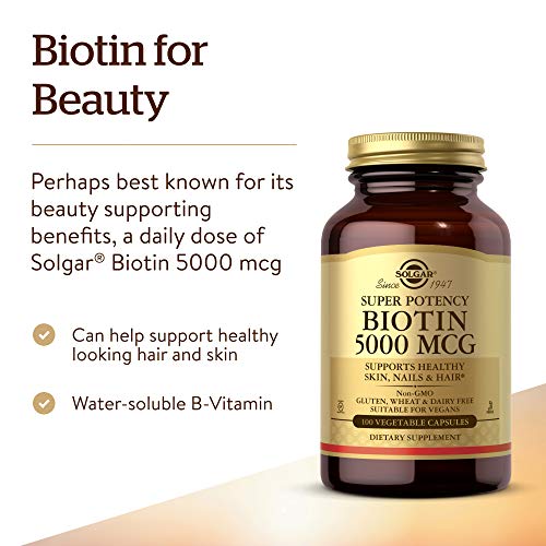 Solgar Biotin 5000 mcg - Promote Healthy Skin, Nails & Hair - Supports Energy Production, Protein, Carbohydrate & Fat Metabolism - Vitamin B - Non GMO, Vegan, Gluten Free - 100 Servings, Unflavored, Standard Packaging, 100 Count
