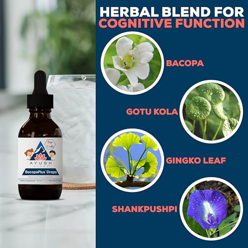 Ayush Herbs BacopaPlus Drops for Kids - Kids Focus and Attention Supplement with Bacopa, Ashwagandha, Ginkgo, Support for Brain & Memory, Organic Ingredients - 2 Fl Oz (80 Servings)