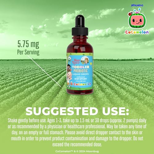MaryRuth Organics Cocomelon Toddler Probiotic Liquid Drops | Kids Probiotics for Ages 1-3 | 5 Probiotic Strains | 150 Billion CFU Per Serving | USDA Organic | Sugar Free | Gluten Free | 1 Fl Oz
