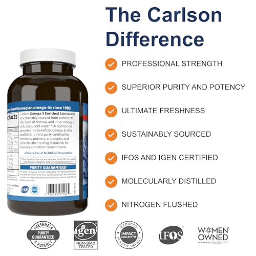 Carlson - Norwegian Salmon Oil, 500 mg Omega-3s, Norwegian Salmon Oil Supplement, Wild Caught Omega 3 Salmon Oil Capsules, Sustainably Sourced, Brain, Heart & Joint Health, 180+50 Softgels