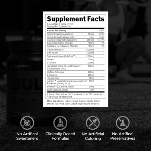 Transparent Labs Bulk Black Pre Workout - Clinically Dosed, Naturally Sweetened Preworkout for Men and Women with Beta Alanine Powder, Citrulline Malate, & Caffeine- 30 Servings, Blue Raspberry
