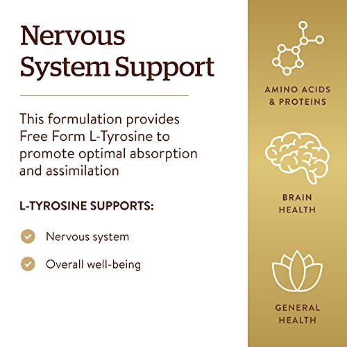 Solgar L-Tyrosine 500 mg, 100 Vegetable Capsules - Brain & Nervous System Support - Vegan, Gluten Free, Dairy Free, Kosher - 100 Servings ,Standard Packaging