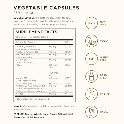 Solgar B-Complex "100", 250 Vegetable Capsules - Heart Health - Nervous System Support - Supports Energy Metabolism - Non-GMO, Vegan, Gluten Free, Dairy Free, Kosher, Halal - 250 Servings