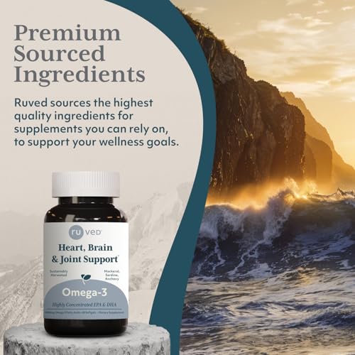 ruved 1000mg Omega-3, Pure and Potent Omega 3 for Daily Wellness, Essential Fatty Acids for Brain, Joint and Overall Health, 60 Softgels