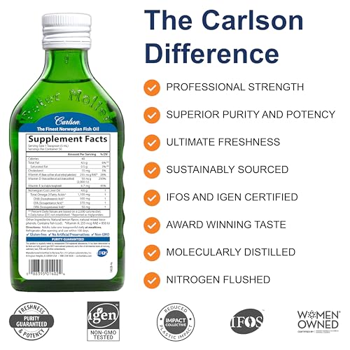 Carlson - Super D Omega-3, Wild-Caught Norwegian Arctic Cod Liver Oil, 2000 IU (50 mcg) Vitamin D3, 1100 mg Omega-3s, Sustainably Sourced Nordic Fish Oil Liquid, Lemon, 250 ml