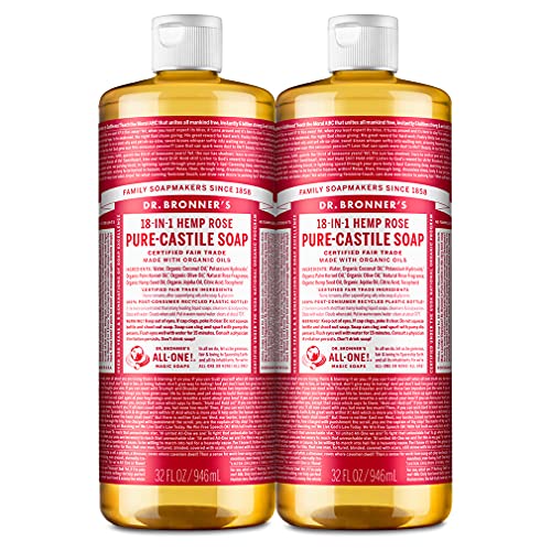 Dr. Bronners Pure-Castile Magic Liquid Soap Made with Organic Oils for Body, Face, Hair, Dishes, Pets, Laundry, Vegan, Dr. Bronner's Soap - Rose, 32 oz (2-Pack)