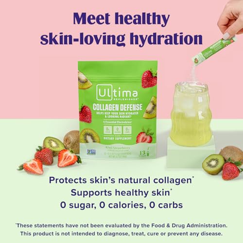 Ultima Replenisher Collagen Defense Supplement and Electrolytes Powder - Kiwi Strawberry, 13 Stickpacks - Hydration Packets with Dermaval and Biotin that Keep Your Skin Hydrated and Looking Radiant