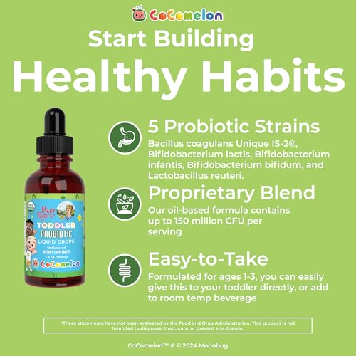MaryRuth Organics Cocomelon Toddler Probiotic Liquid Drops | Kids Probiotics for Ages 1-3 | 5 Probiotic Strains | 150 Billion CFU Per Serving | USDA Organic | Sugar Free | Gluten Free | 1 Fl Oz